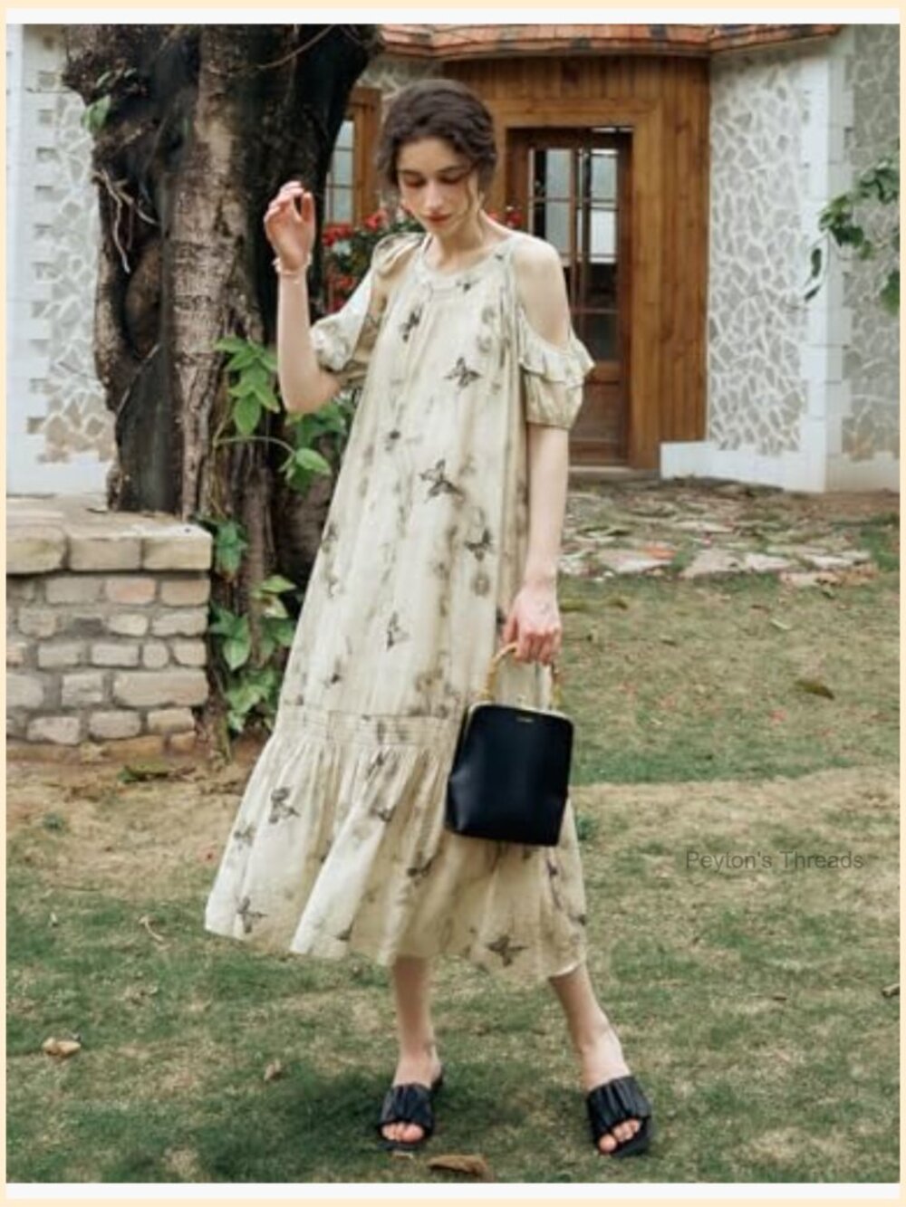 Floral Midi Dress Off-Shoulder Ruffle Loose Flowing Beach Vacation - Picture 6 of 7